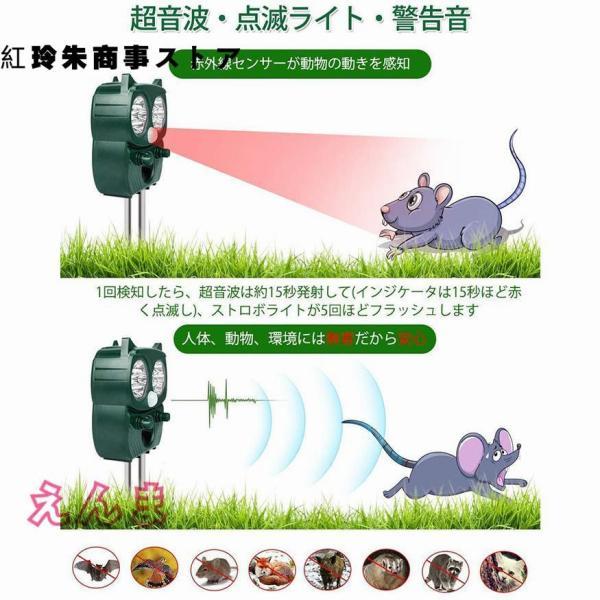 猫よけ 超音波 動物撃退器 スズメ撃退 コウモリよけ対策　鳩よけ対策 犬よけ イノシシ ネズミよけ 糞被害対策　ソーラーUSB充電式｜seiryu-st｜02