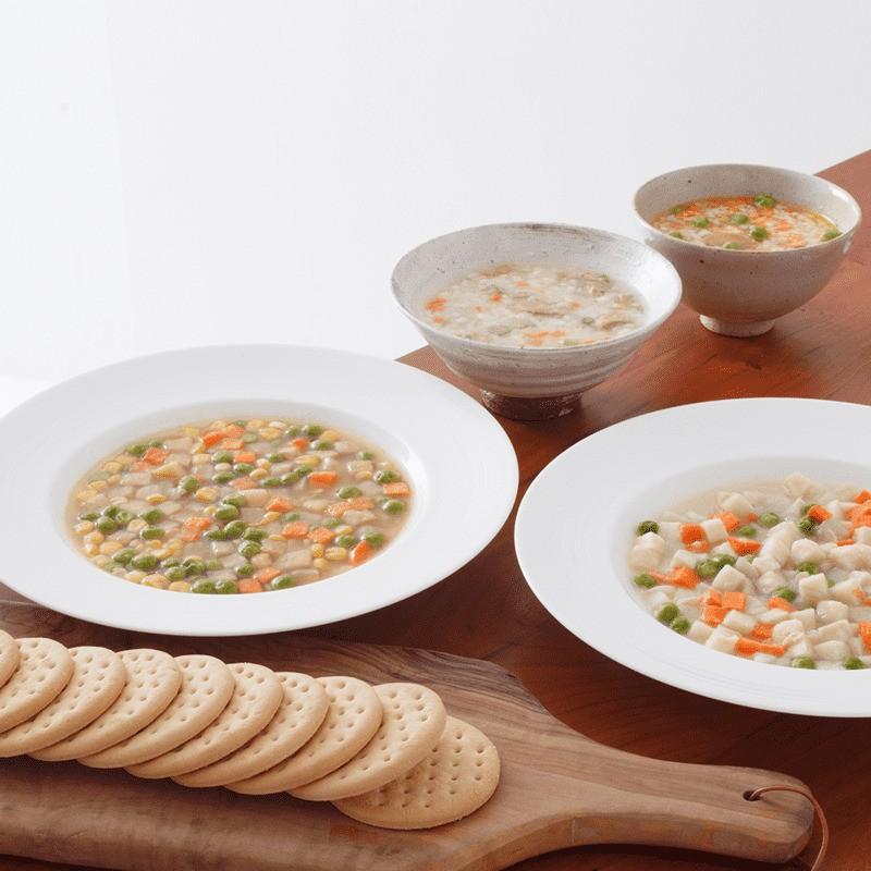 【大缶】サバイバルフーズバラエティセット(クラッカーx2,チキンシチューx1,野菜シチューx1,とり雑炊x1,えび雑炊×1)【60食相当】 |  | 07