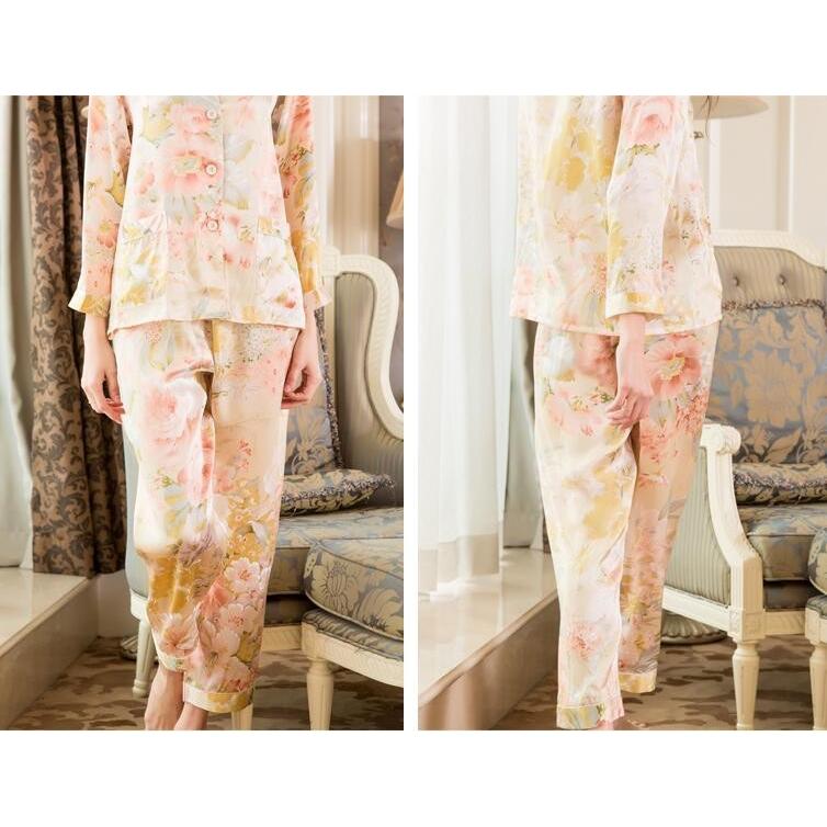 北欧花柄パジャマ レディースパジャマ シルクパジャマ 繻子織りシルク
