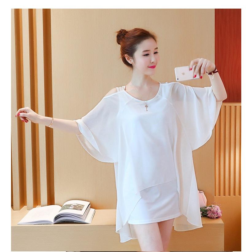 体型カバー 肩出し オフショルダー ロングシャツ ブラウス