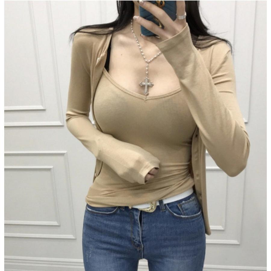 レディース 2点セット キャミトップス ジャケット 長袖 無地 薄手 Vネック セットアップ 春秋夏 セクシー インナー 着痩せ タイト通勤通学 細身 4色 1750 38 成宇合同会社 通販 Yahoo ショッピング