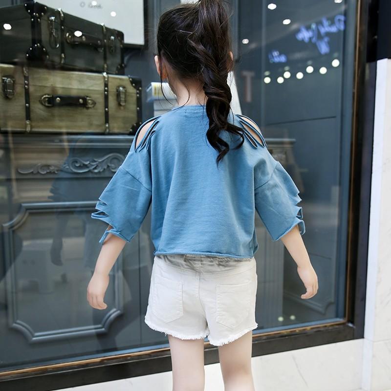 110-160cm 女の子 Tシャツ 半袖 丸首 肩出し ダメージ加工 英字柄  