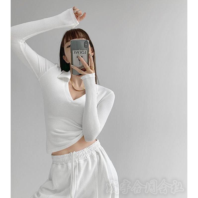 Vネック カットソー レディース へそ出し トップス 長袖 重ね着