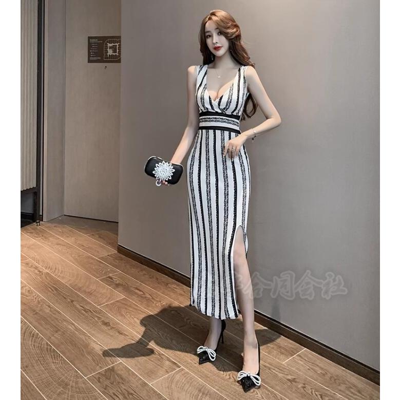 超深Vネック ワンピース ノースリーブ ロングドレス パーティードレス