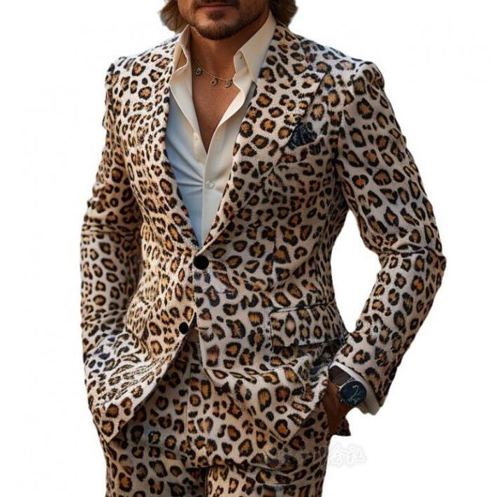 メンズスーツセット 豹柄 タキシードジャケットパンツ上下2点セット 3