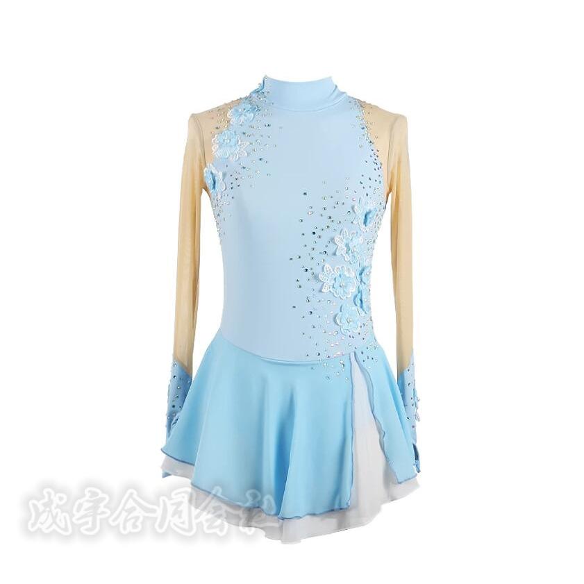 フィギュアスケートダンス衣装 レオタード ブルー ホワイト スケート衣装 女子 子供 大人 花飾り 長袖 レオタード スタンダード