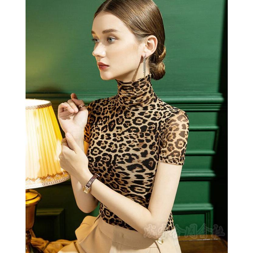 ハイネック 半袖 ラテンダンストップス 社交ダンス衣装 レオパード柄