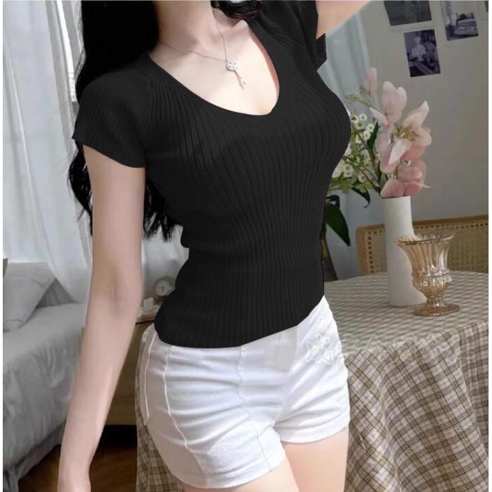 レディース リブニット VネックTシャツ トップス 半袖tシャツ 無地
