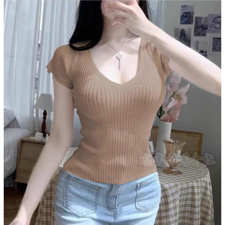 レディース リブニット VネックTシャツ トップス 半袖tシャツ 無地
