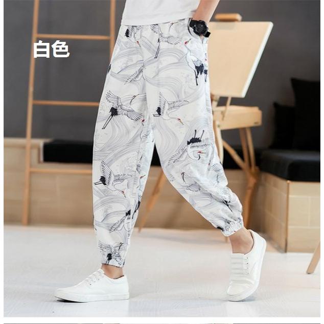 サルエルパンツ 綿麻パンツ リネン メンズ ワイドパンツ サマーパンツ クレーン柄 カジュアル ボトムス 男性用 ウエストゴム 涼しい チノパン 大きいサイズ 3色 Sale 68 Off