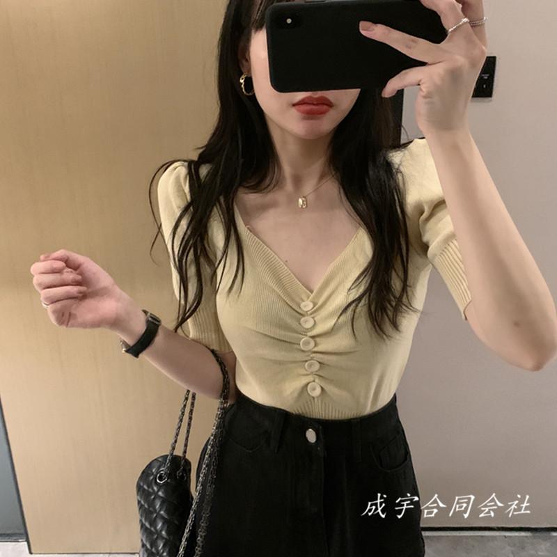 ニット 胸元 Vネック レディース 半袖 タイトフィット トップス