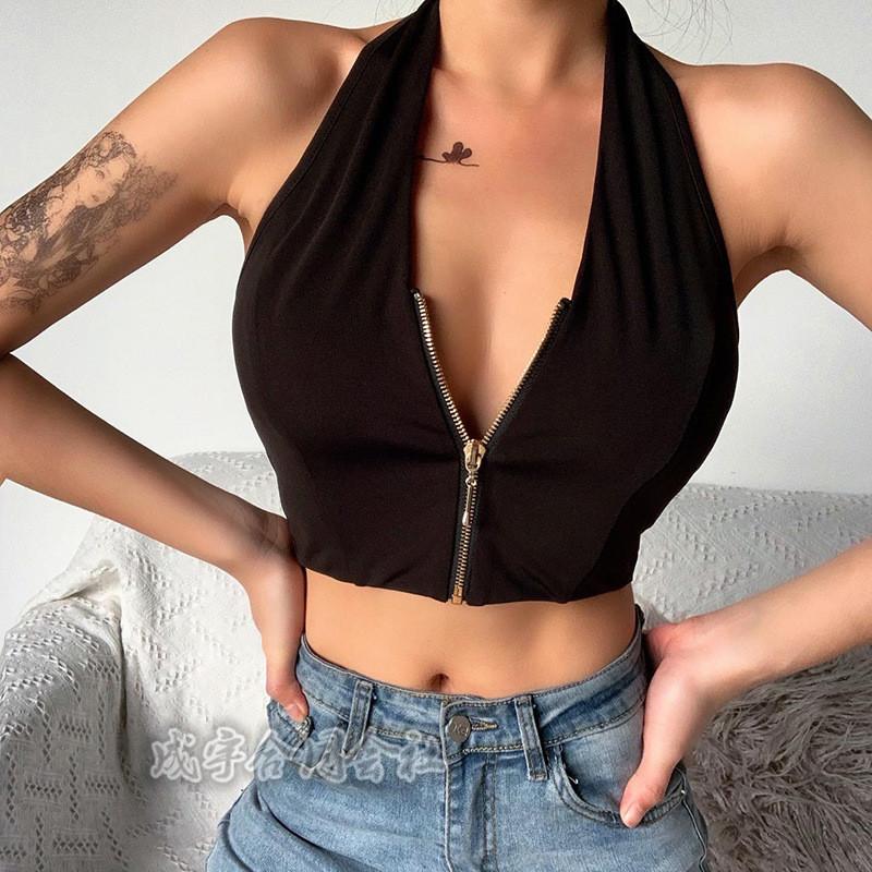 人気 おすすめ 2color タンクトップ レディース ホルターネック 背中開き ノースリーブ トップス 無地 タイト へそ出し スリムフィット インナー 肌着 セクシー