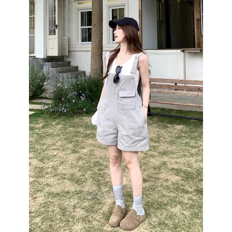 デニムオーバーオール、ショートパンツ グレーセット デニムサロペット レディース カーゴパンツ オーバーオール ショート