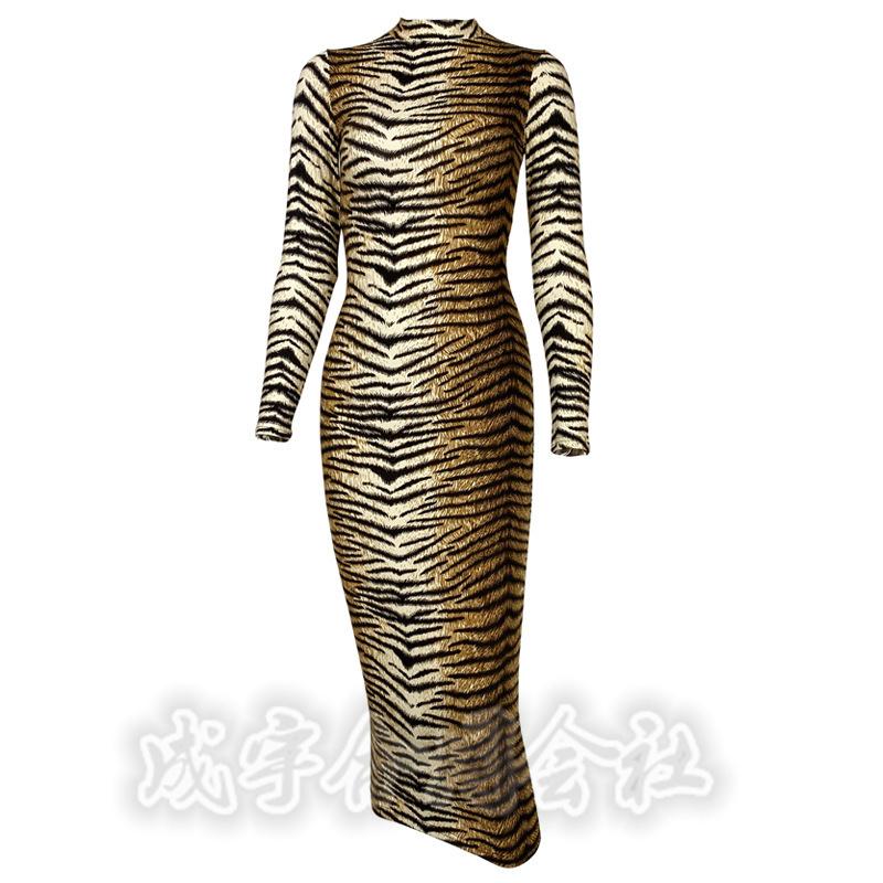 レオパード柄 タイトワンピース 長袖 レディース セクシー ロング