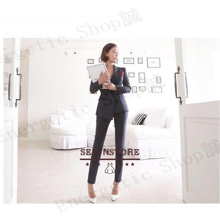 新作ウエア フォーマル パンツスーツ 着痩せ Chic ボタン ストライプ柄 お呼ばれ Ol 長袖ジャケット スキニーパンツ 2点セット 春秋冬 通勤 パンツスーツ サイズ Xl Raffles Mn