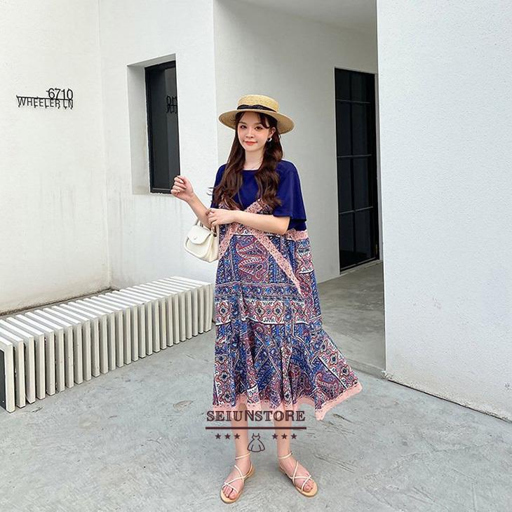 超新作 半袖 春夏 マキシワンピース 40代 レディース ワンピース フレアスカート 50代 30代 代 韓国風 切り替え 総柄 きれいめ ワンピース サイズ 2xl Www We Job Com