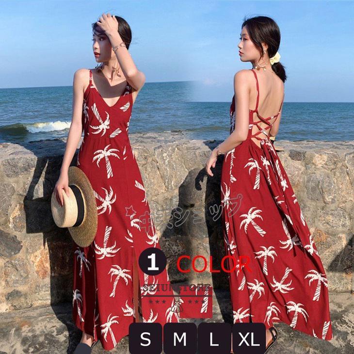 赤キャミソールワンピース バックレスワンピ スリット プリント ストラップ付き 深いvネック マキシワンピース Aライン ノースリーブ 最新人気