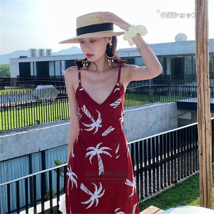 赤キャミソールワンピース バックレスワンピ スリット プリント ストラップ付き 深いvネック マキシワンピース Aライン ノースリーブ 最新人気
