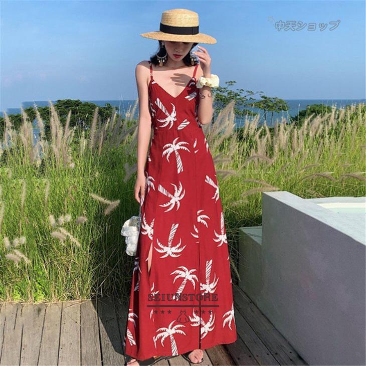 赤キャミソールワンピース バックレスワンピ スリット プリント ストラップ付き 深いvネック マキシワンピース Aライン ノースリーブ 最新人気