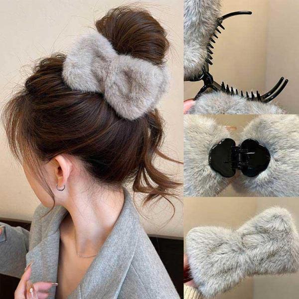 ファー ヘアクリップ まとめ髪 リボン型 バンスクリップ 大人