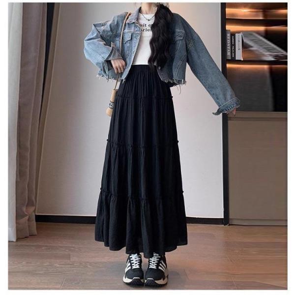 スカート ティアードスカート ロング丈 白 黒 フレア レディース