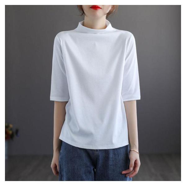 tシャツ レディース ハイネック 五分袖 Tシャツ コットン 綿