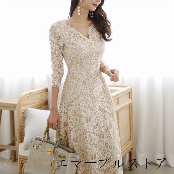 パーティードレス 結婚式 40代 20代 ロング 袖あり 長袖 韓国風 大きいサイズ フォーマルドレス レースワンピース Vネック お呼ばれ 二次会