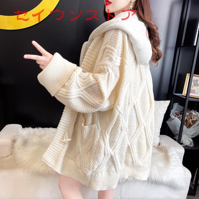 ニットパーカー レイヤード風 フード付き ケーブル編み ニット ニットパーカー レイヤード風 フード付き ケーブル編み ニット