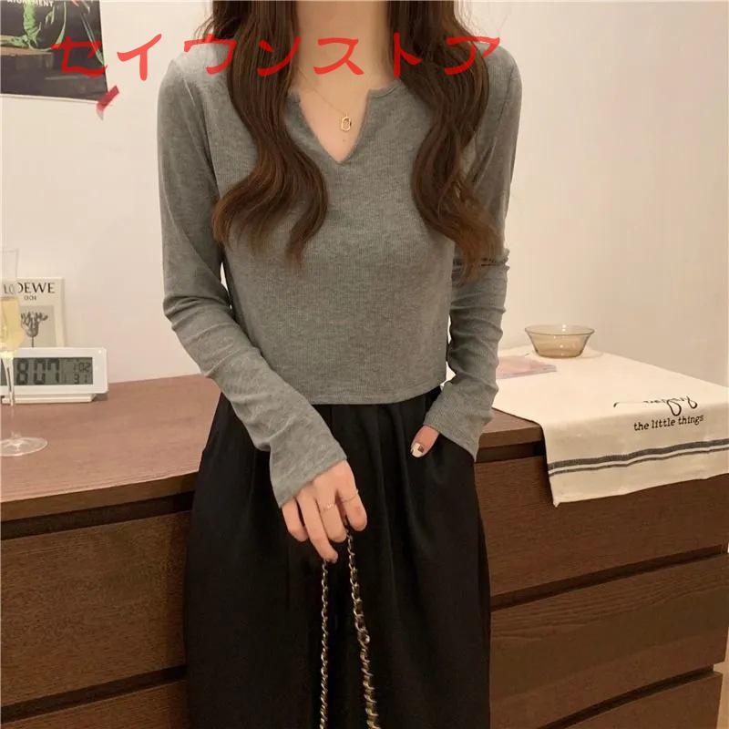 Tシャツ カットソー Vネック ショート丈 無地 シンプル 長袖 Tシャツ カットソー Vネック ショート丈 無地 シンプル 長袖