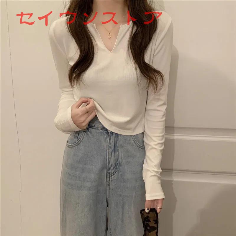 Tシャツ カットソー Vネック ショート丈 無地 シンプル 長袖 Tシャツ カットソー Vネック ショート丈 無地 シンプル 長袖