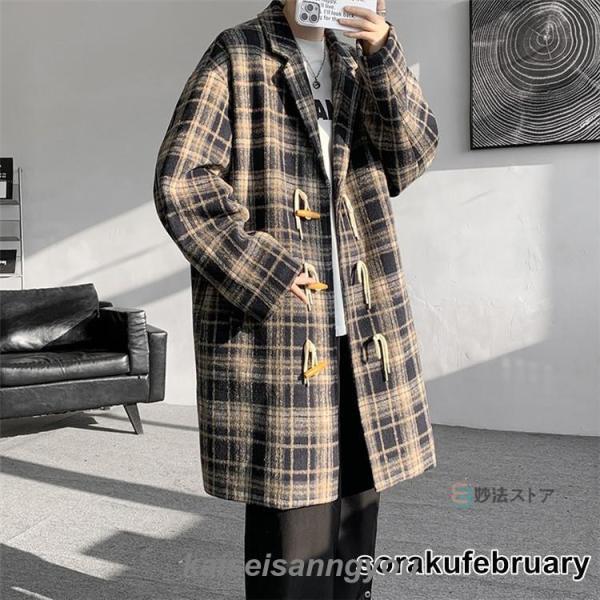 コート ダッフルコート メンズ チェスターコート チェック柄 ダッフル アウター ロング丈 ビジネス 秋 冬 メンズコート ジャケットコート 学生 通学 通勤 秋服_8