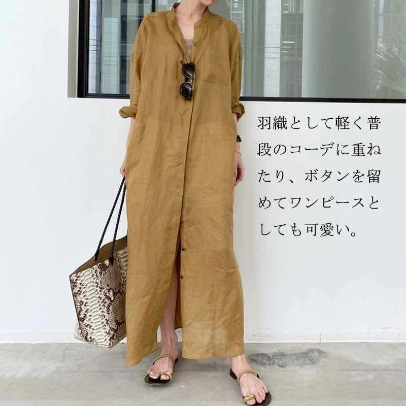 リネンとレースの羽織り ワンピース ロングシャツ ブラック 麻 薄手アウター シャツワンピース 羽織もの スリット ロングワンピース