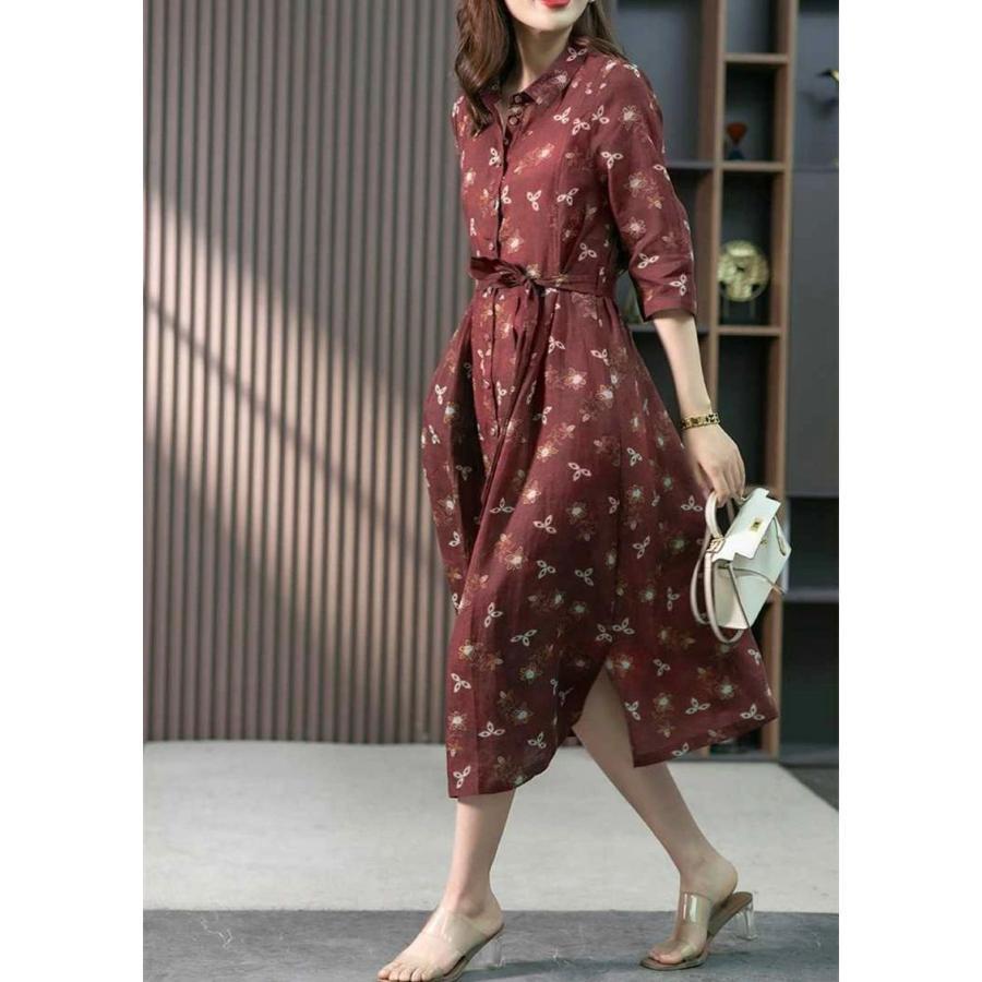 シャツワンピース レディース ロング 夏 五分袖 ロングワンピース 花柄
