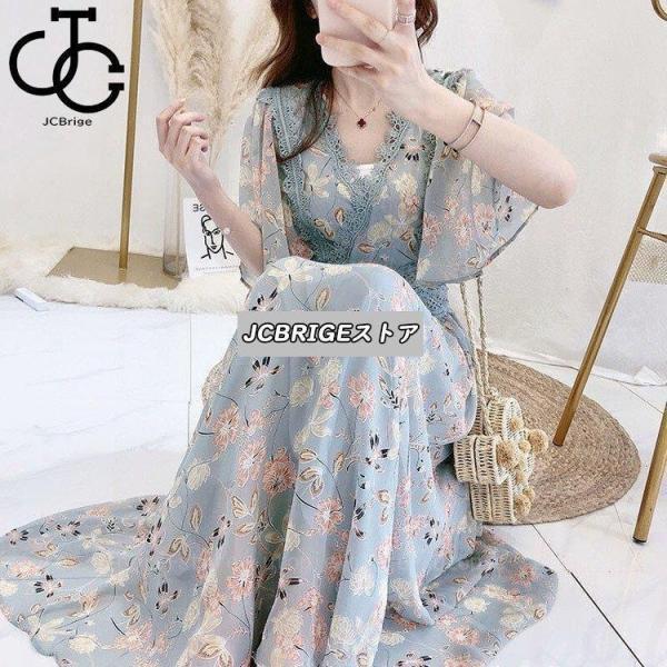 ワンピース レディース 40代 きれいめ マキシワンピース 夏 半袖ワンピース 花柄レース シフォン Vネック aラインスカート オシャレ大人 結婚式ドレスの画像