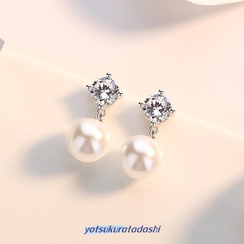 ピアス レディース パール 8mm 一粒ダイヤ 揺れる ジルコニア 豪華 プラチナ仕上げ  女性 ギフト 誕生日プレゼント ホワイトデーお返しの画像