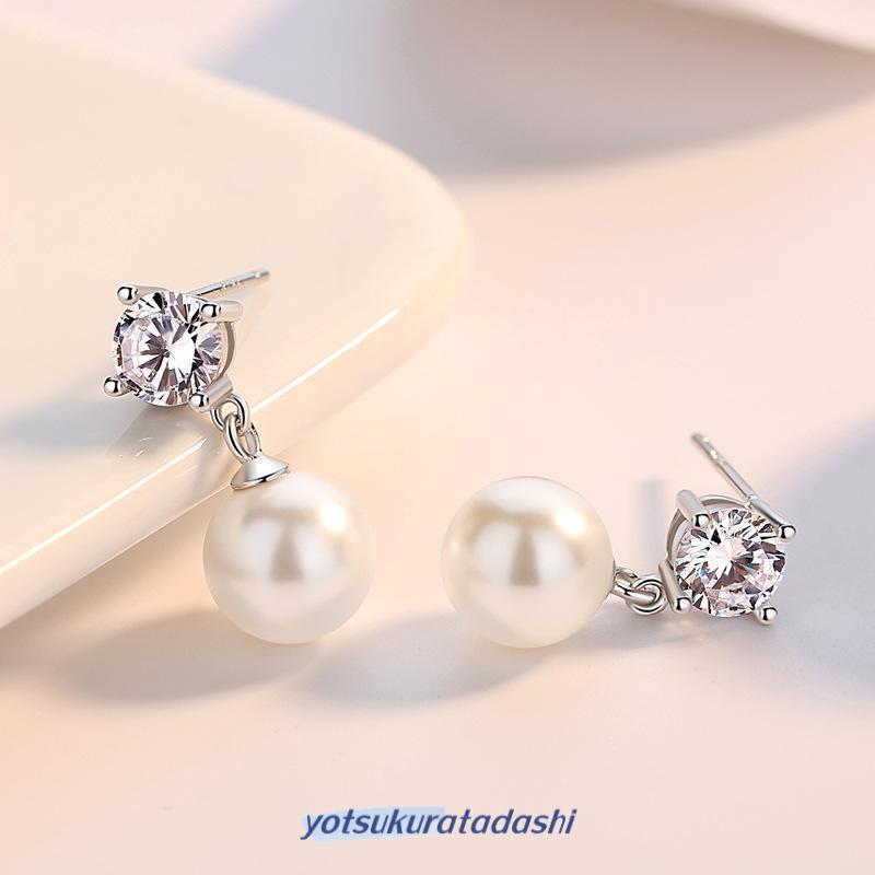 ピアス レディース パール 8mm 一粒ダイヤ 揺れる ジルコニア 豪華 プラチナ仕上げ  女性 ギフト 誕生日プレゼント ホワイトデーお返しの画像