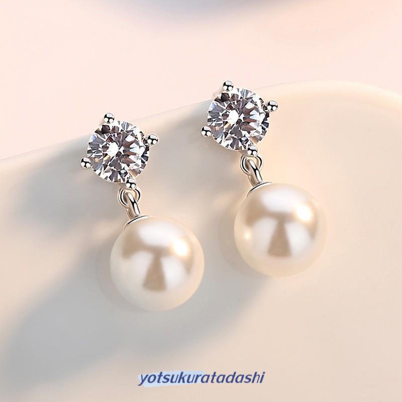 ピアス レディース パール 8mm 一粒ダイヤ 揺れる ジルコニア 豪華 プラチナ仕上げ  女性 ギフト 誕生日プレゼント ホワイトデーお返しの画像