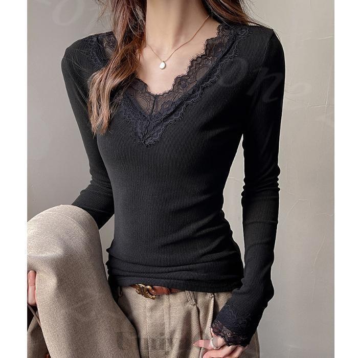 Tシャツ 長袖 カットソー Vネック レース リブ パネル ショルダー