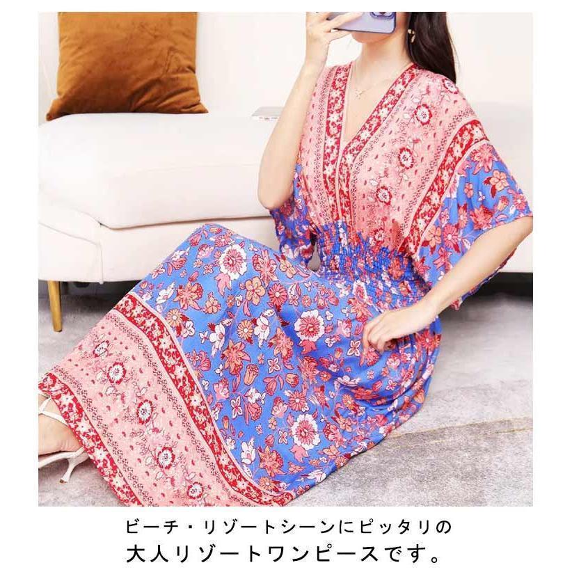 リゾートワンピース 半袖 総柄 エキゾチック 海 夏 花柄 ワンピース