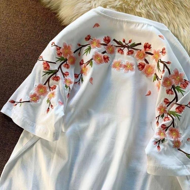 未使用 DERSCHUTZE 桜刺繍 ホワイト メッシュ 長袖カットソー S セール】配色 落書き刺繍 オーバーサイズ長袖Tシャツ（Tシャツ