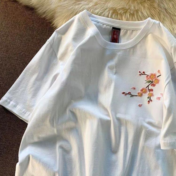 刺繍 tシャツ 半袖 レディース 夏物 春 花柄 Uネック カットソー