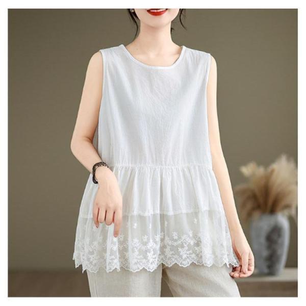 【即日発送】刺繍入りスカラップタンクトップ 刺繍入り 裾スカラップ レース タンクトップ ロング レディース 夏