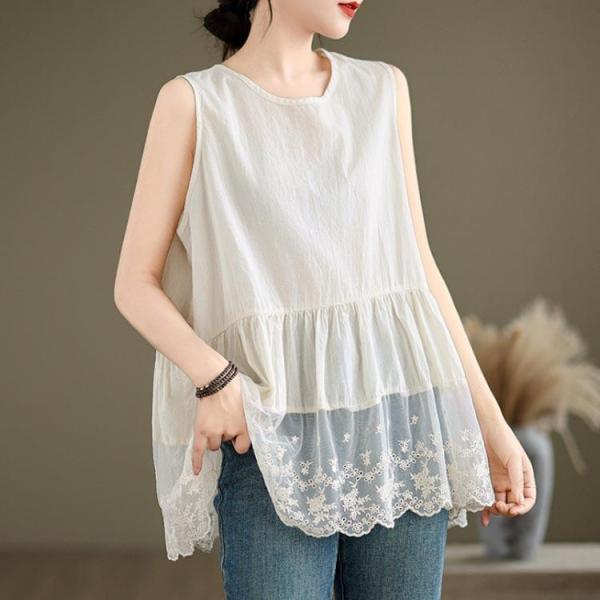 刺繍入り 裾スカラップ レース タンクトップ ロング レディース 夏