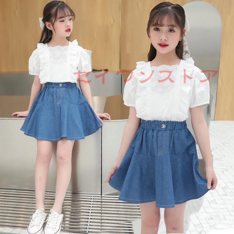 セットアップ 女の子 キッズ 夏 シャツ+デニムスカート セットアップ 女の子 キッズ 夏 シャツ+デニムスカート