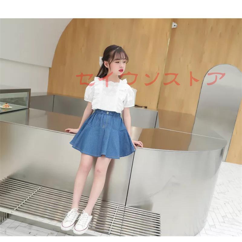 セットアップ 女の子 キッズ 夏 シャツ＋デニムスカート ショート丈 2