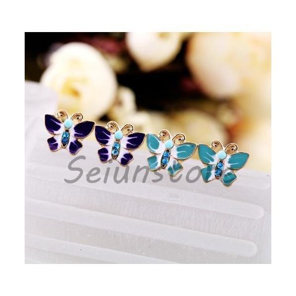 バタフライ ピアス ビジュー 蝶 ラインストーン ブルー 青 パープル 紫