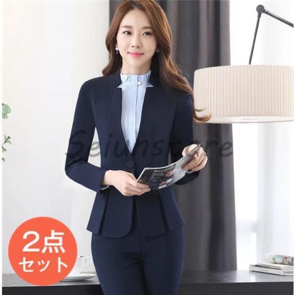 スーツ レディース 2点セット パンツスーツ スカートスーツ ノーカラー