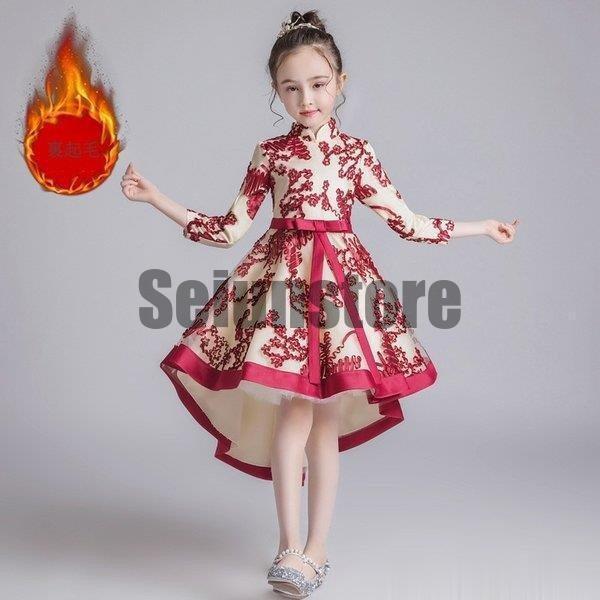 女の子ドレス子供ドレス ピアノ春秋冬膝丈 オープンカラードレス不規則 発表会 ロング 子どもドレス長袖花刺繍ワンピース かわいい 結婚式 演出新作3色 | ブランド登録なし