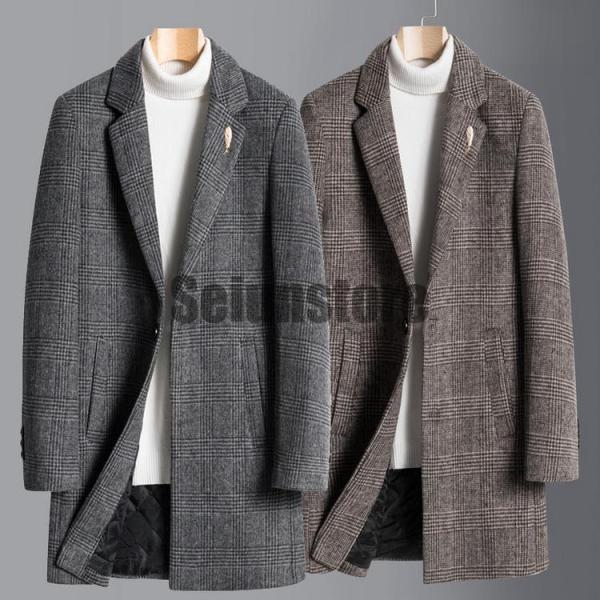 グレー系チェック ロングコート ウール混合