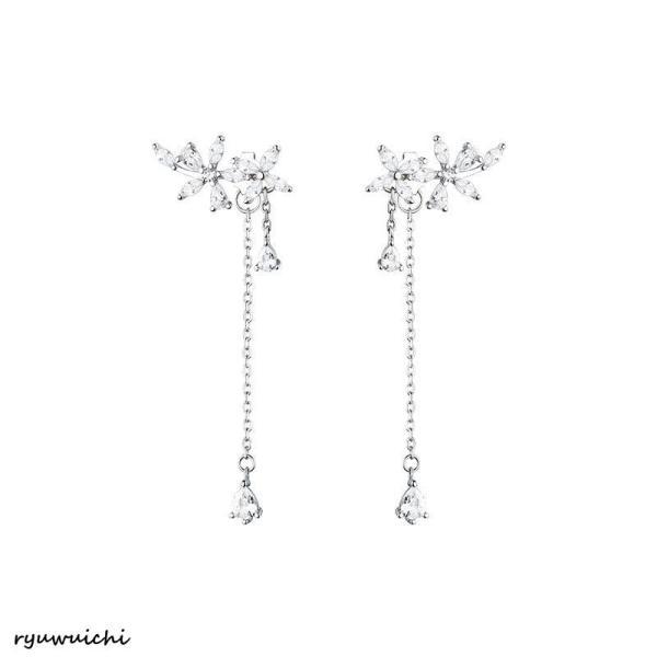 ピアス レディース 揺れる お花 チェーン オシャレ 大人可愛い 上品 2way プラチナ仕上げ シルバー925 女性  誕生日プレゼントの画像